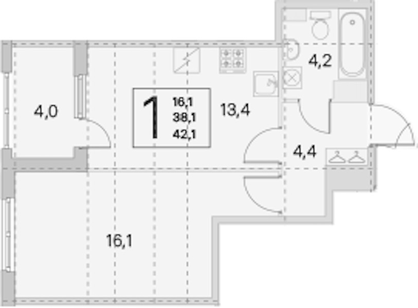 1-комнатная квартира 38.1 м², 4/5 эт., ЖК «ЮгТаун. Олимпийские кварталы»